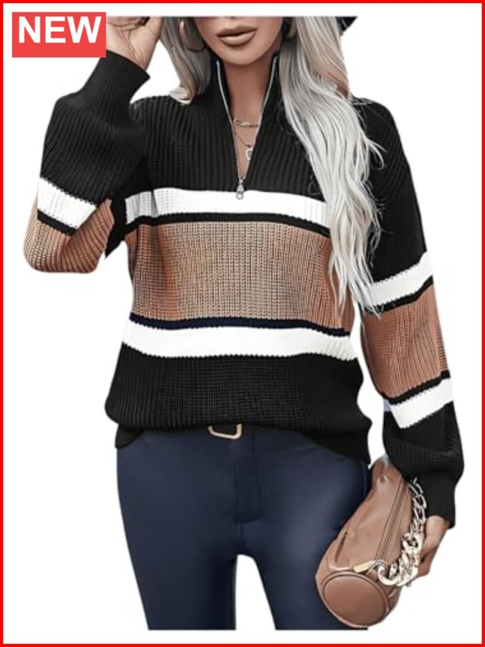 Women's Half Zip Pullover Sweater Color Block Mock Neck Long Sleeve Knit Jumper
